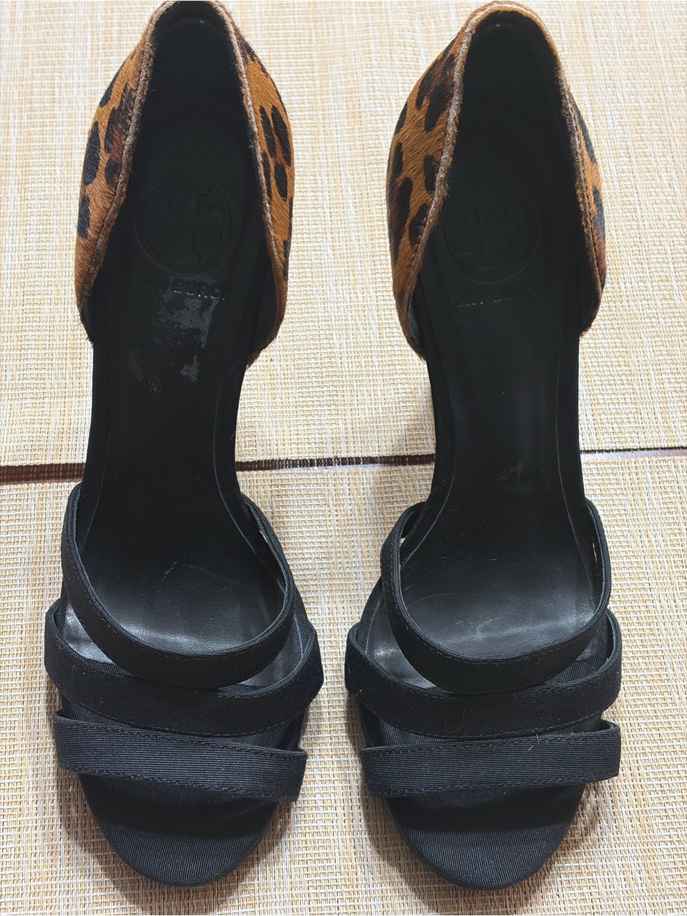 Tory Burch Black Sandals with Leopard Heel Accent